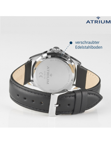 ATRIUM Herren Armbanduhr - Schwarzes Lederband - Weisses Zifferblatt - Datum - Edelstahl 10 bar - A16-10