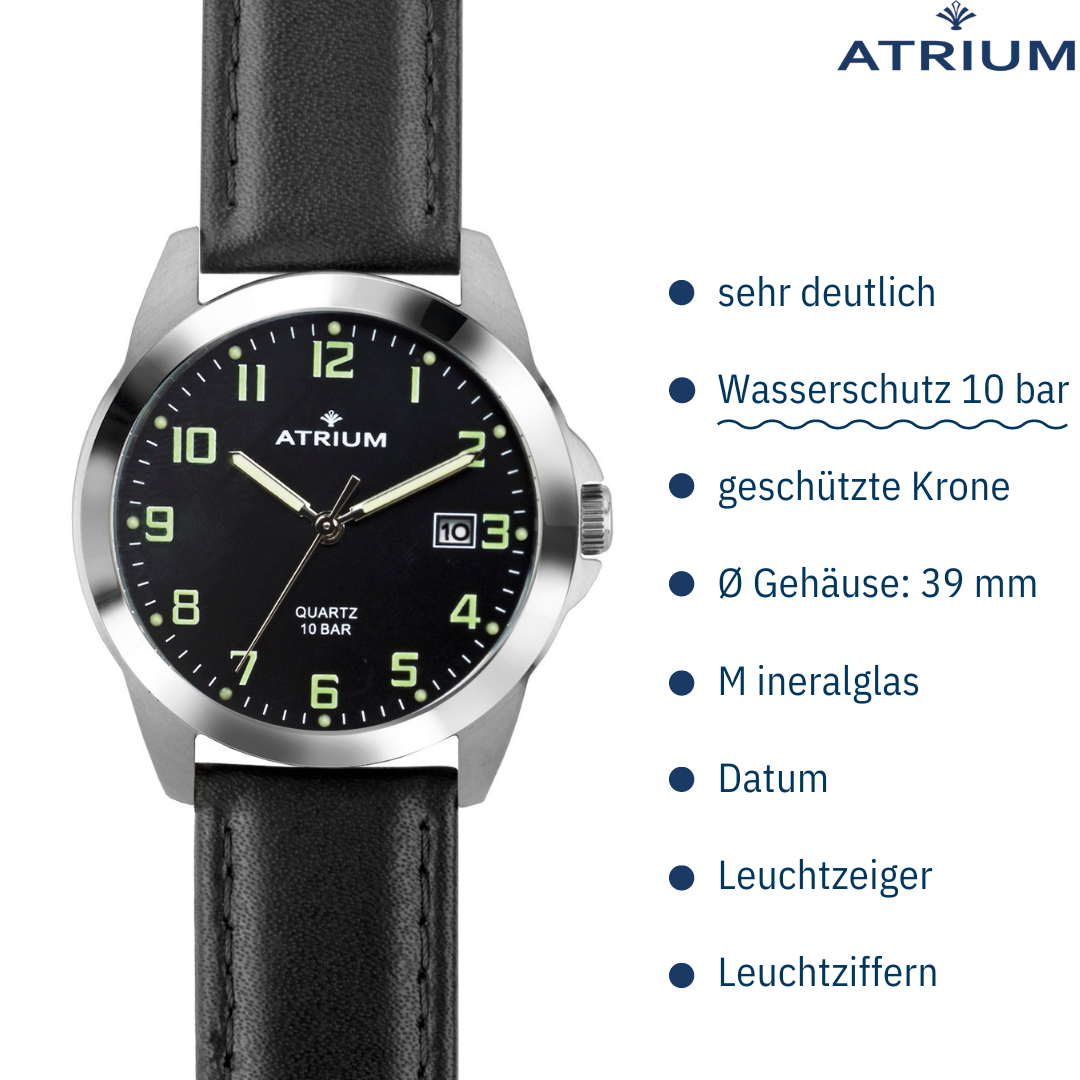 ATRIUM Herren Datum - A16-11 bar Schwarzes - Armbanduhr - 10 Lederband Edelstahl - - Zifferblatt Schwarzes