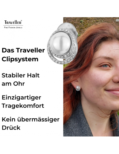 Traveller Ohrclips - Silberfarbe - Perle - 10 mm - Weiß - Preciosa Kristalle - Platiniert - 15x12 mm - 114240
