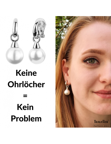 Traveller Ohrclip - Hänger - Silberfarben - Perle - 14mm - Weiß - Platiniert - 35x15mm - 114243