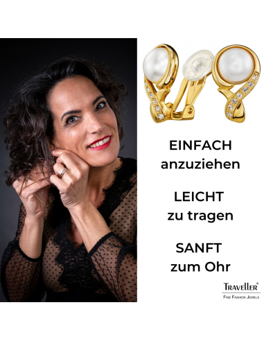 Traveller Ohrclips - Vergoldet - Perle - 10mm - Weiß - Kristalle - 21x13 mm
