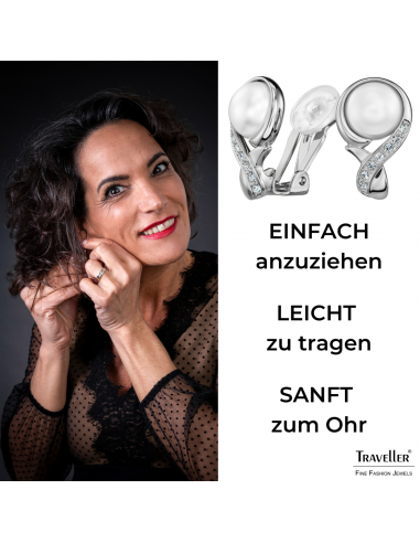 Traveller Ohrclips - Silberfarben - Perle - 10mm - Weiss - Kristalle - Platiniert - 21x13mm - 114266