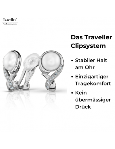 Traveller Ohrclips - Silberfarben - Perle - 10mm - Weiss - Kristalle - Platiniert - 21x13mm - 114266