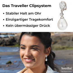 Traveller Ohrclips - Hänger - Tropfen Perle - 15x12 mm - Weiß - Preciosa Kristalle - Platiniert - 32x12 mm - 110680