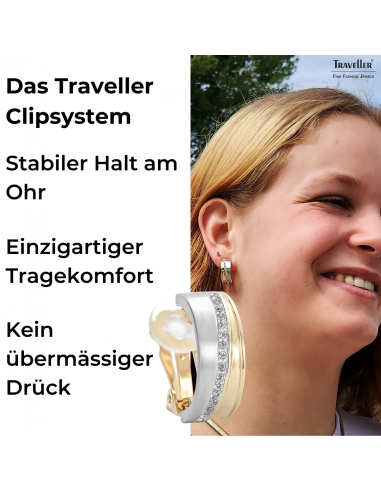 Traveller Ohrclips - Bicolor - Preciosa Kristalle - Matt/ Glanz - 22kt Vergoldet & Platiniert - 22x8 mm - 156959